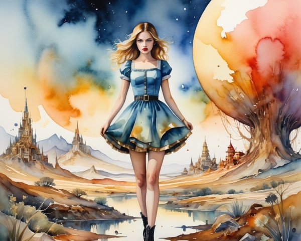 Whimsical Landscape with Girl in Blue Dress