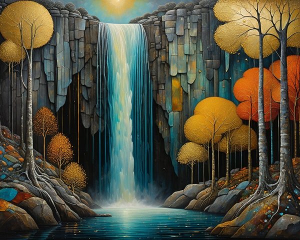 Autumn Waterfall Surrounded by Colorful Trees