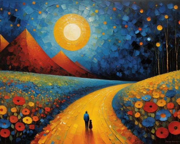 Vibrant Landscape with Colorful Hills and Figures