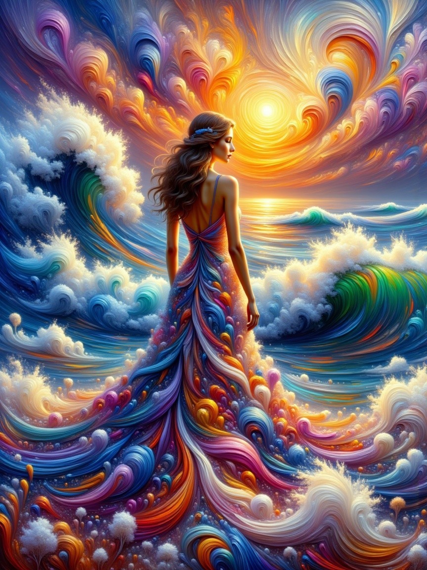 Woman in Colorful Dress Against Sunset Background