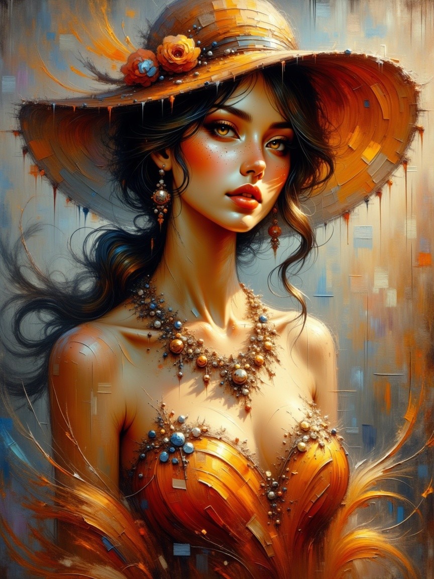 Portrait of a Woman in Orange with Floral Hat