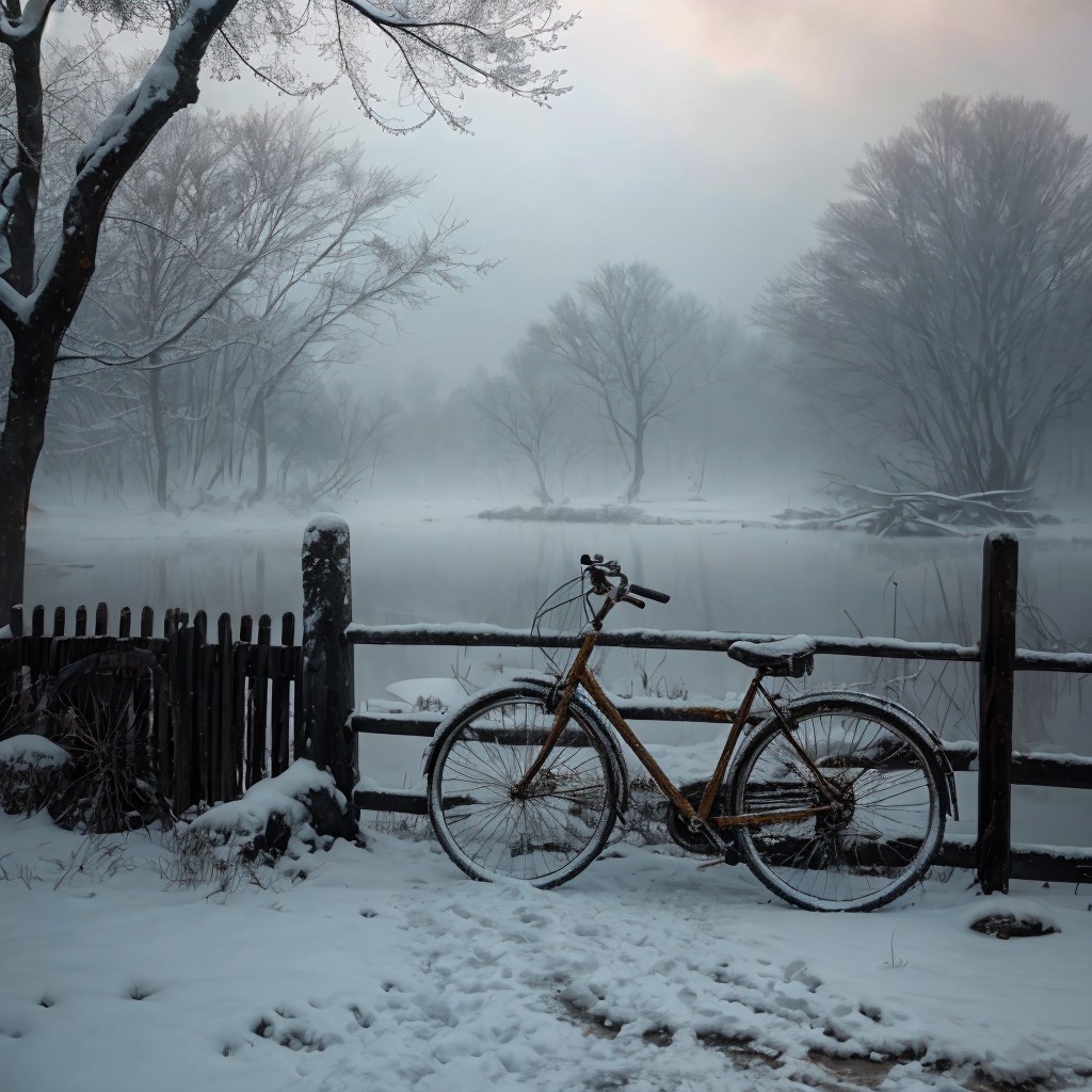 Vintage Bicycle by Rustic Fence in Winter Landscape