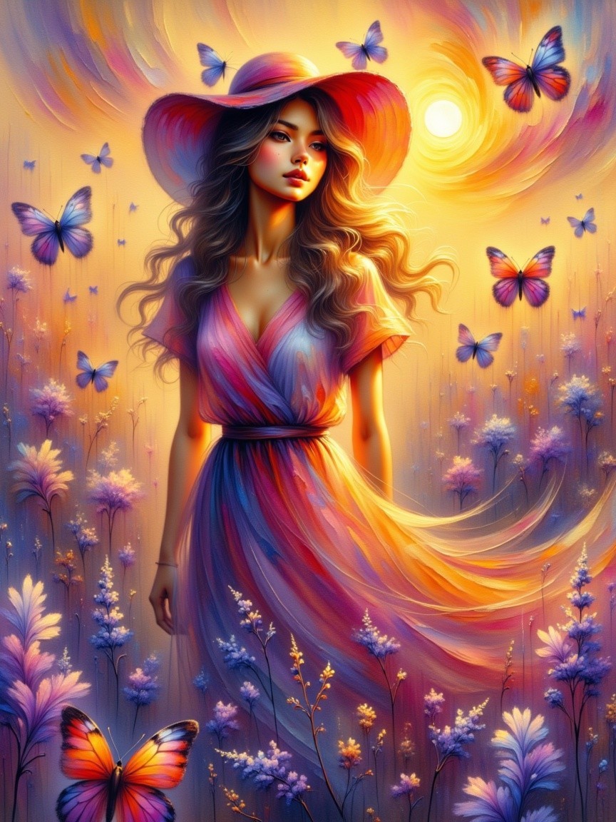Serene Scene of a Woman in a Colorful Dress