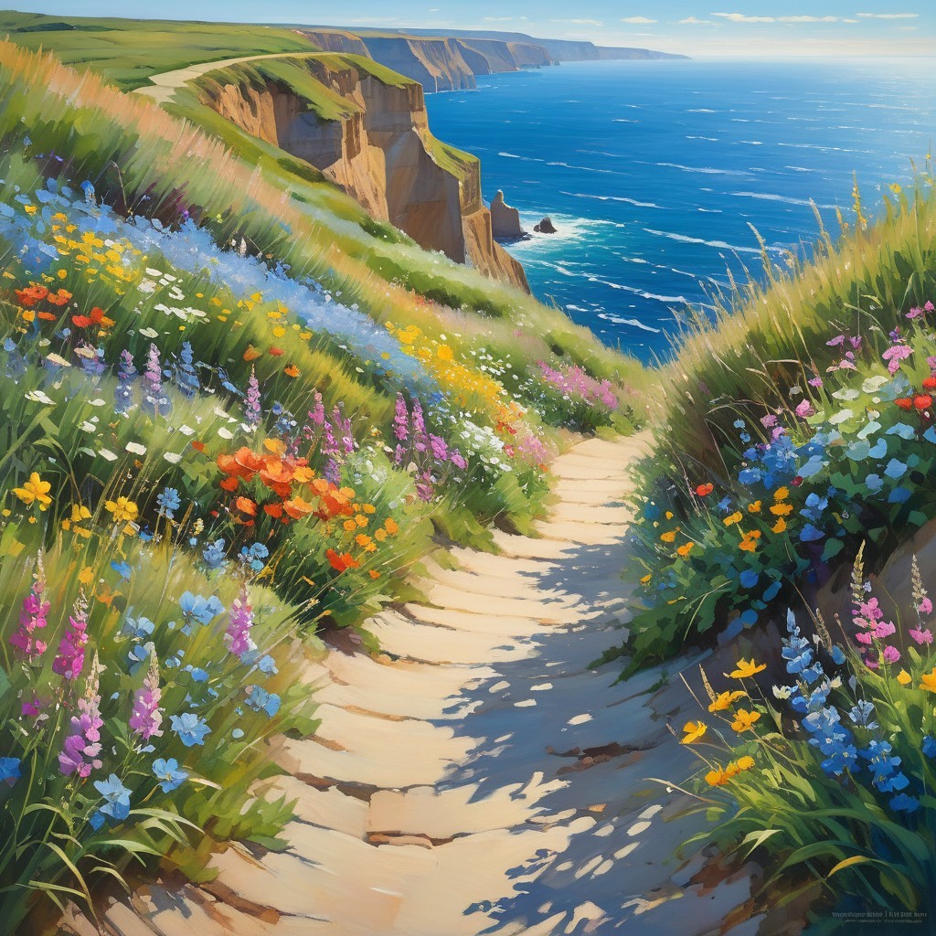 Vibrant Pathway Along Grassy Cliffside with Ocean View