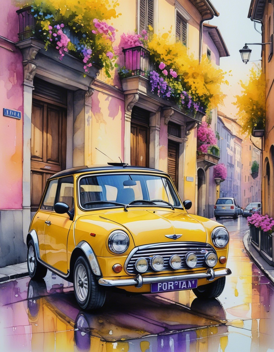 Yellow Classic Car on Cobblestone Street at Dusk