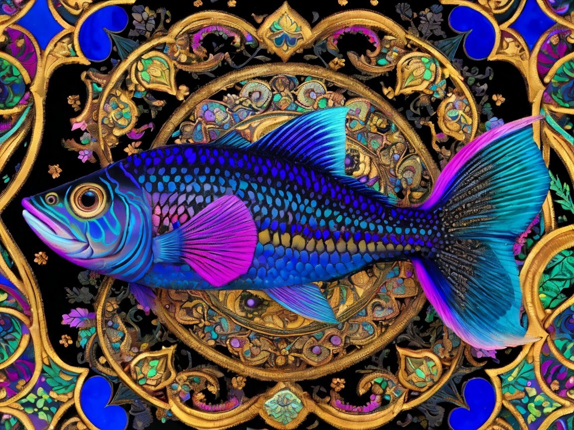 Vibrant Fish with Ornate Floral Motifs and Patterns