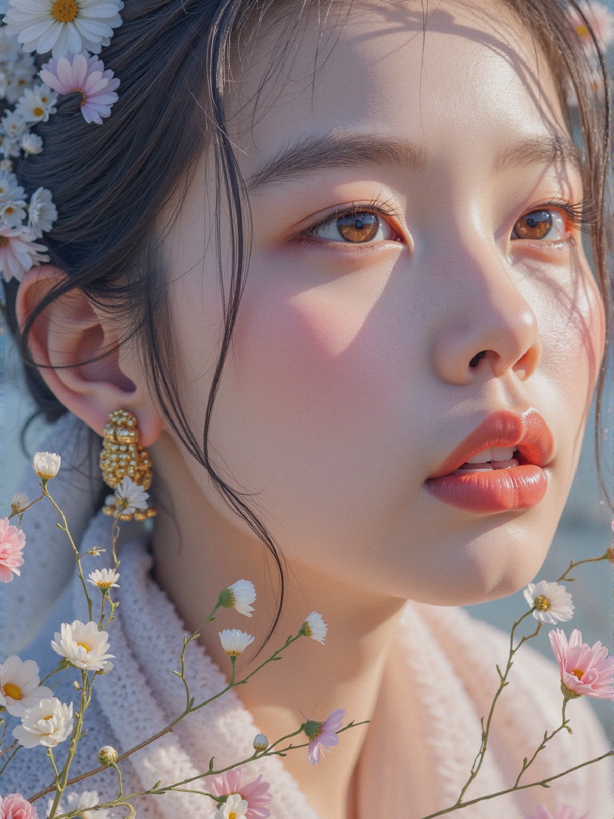 Close-up Portrait of a Young Woman with Flowers
