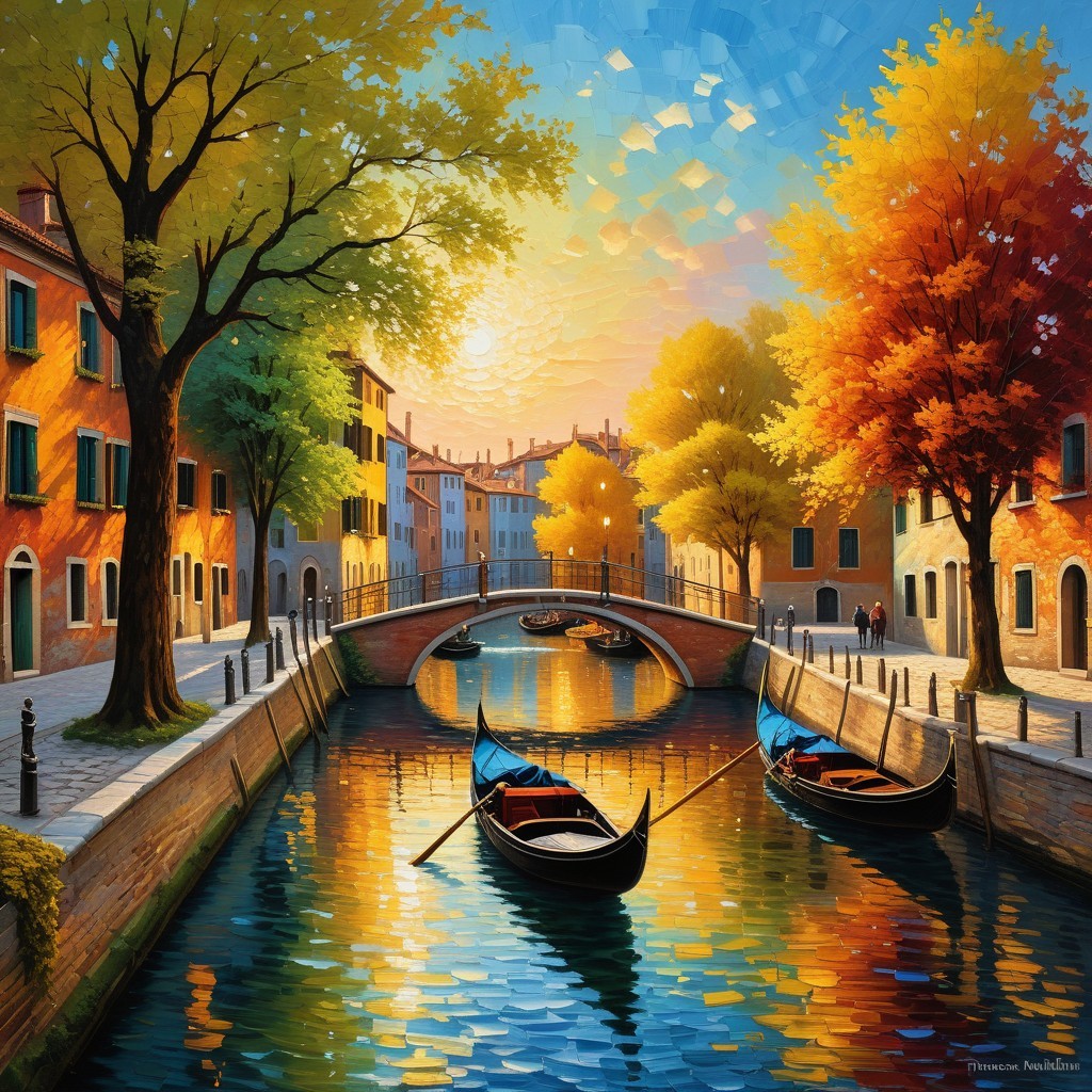 Autumn Canal Scene with Gondolas and Charming Buildings