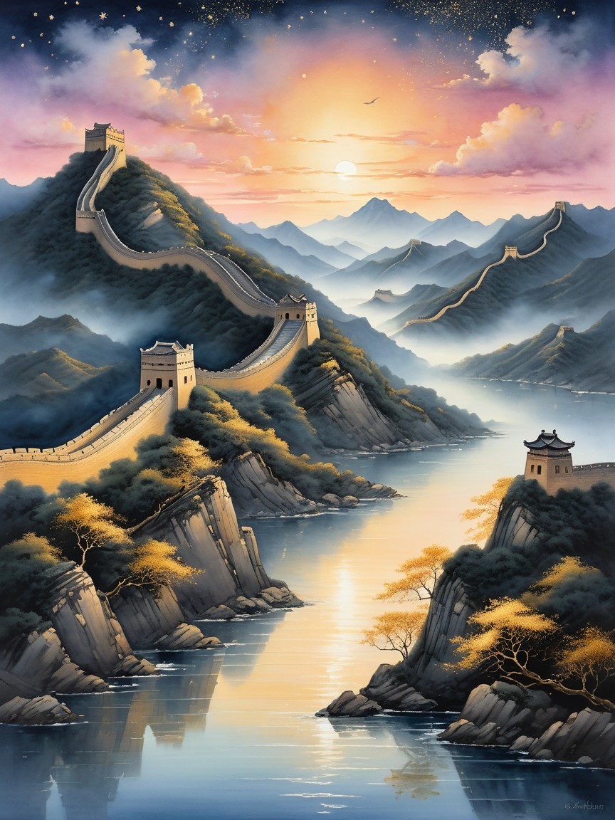 Great Wall of China at Sunset in Serene Landscape