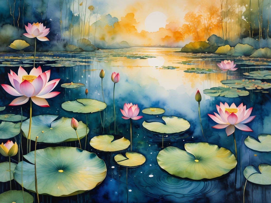 Tranquil Lake Sunrise with Lotus Flowers and Mist