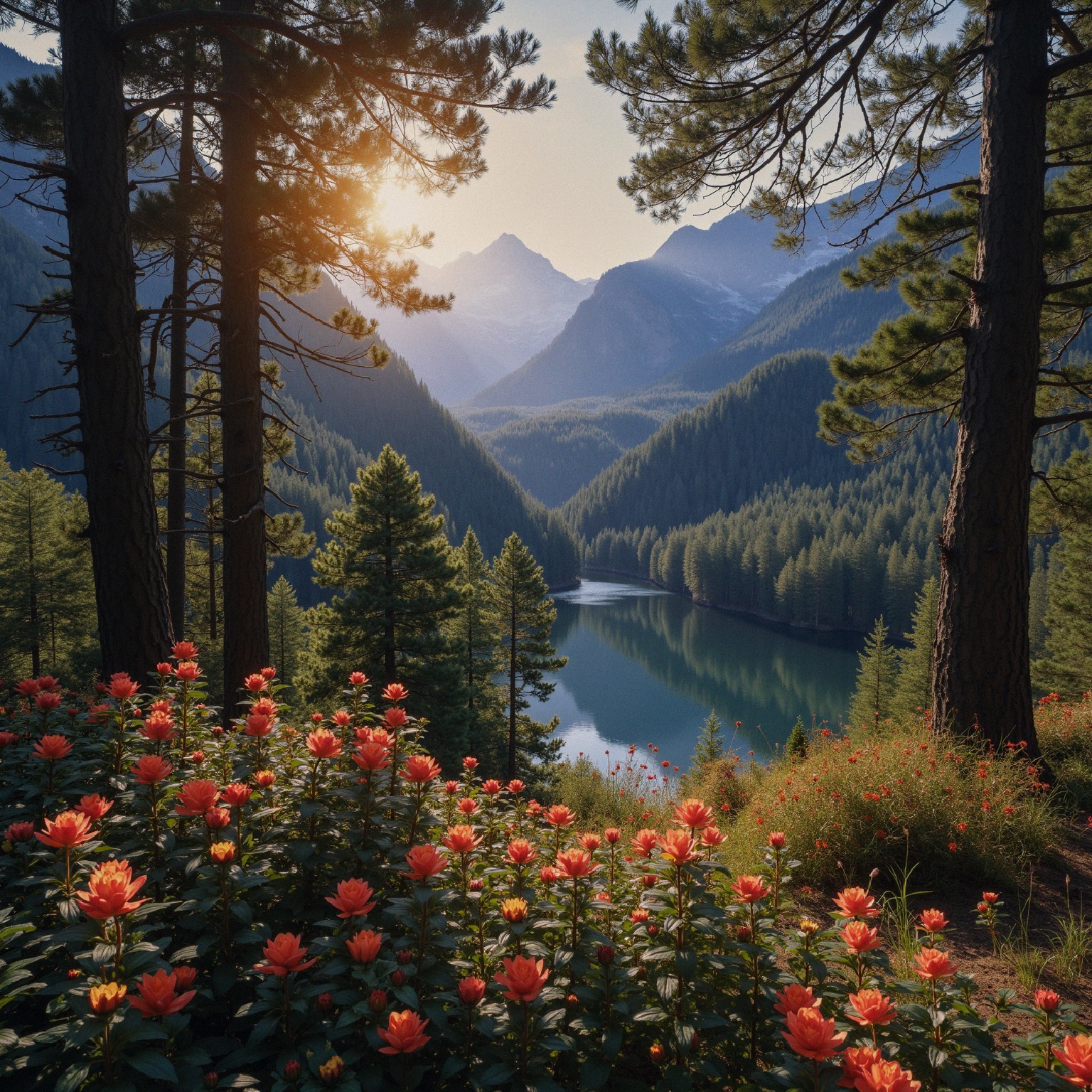 Serene Mountain Landscape with Tranquil Lake at Sunrise