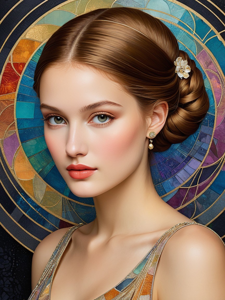 Young woman in elegant gown with decorative hairpin