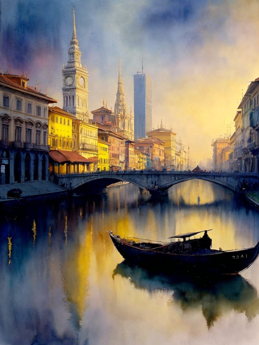 Watercolor Cityscape at Dawn with Reflection and Bridge