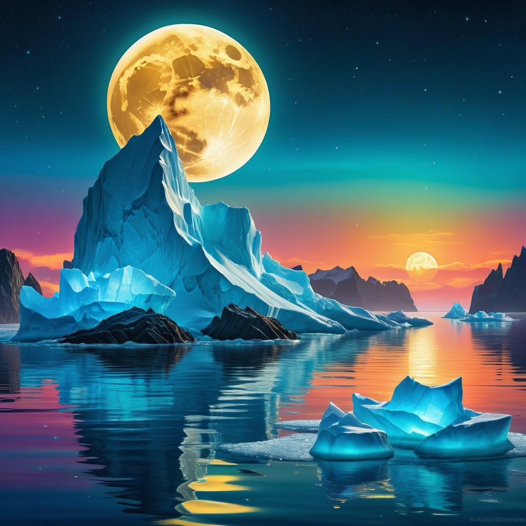 Serene Landscape with Icy Peaks and Vibrant Sunset