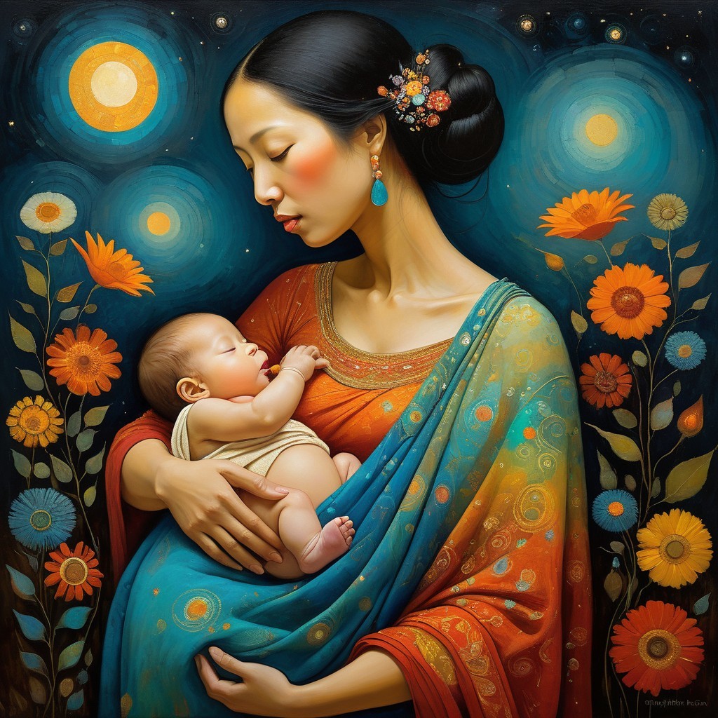 Vibrant Artwork of a Woman Holding a Sleeping Baby
