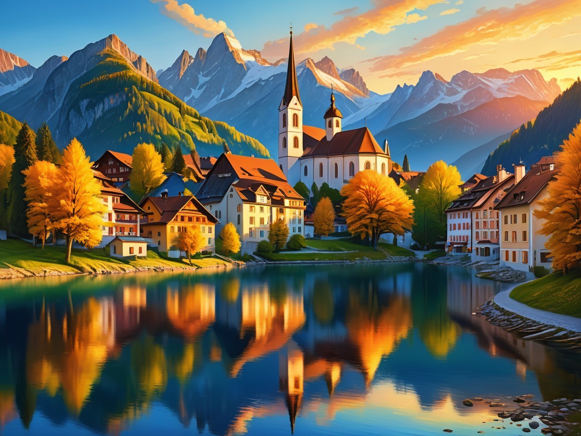 Picturesque Village by a Serene Lake at Sunset
