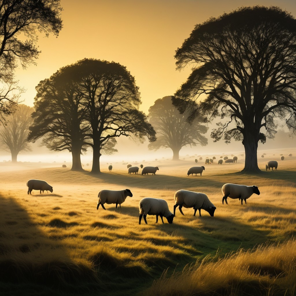 Misty Pasture with Grazing Sheep at Dawn