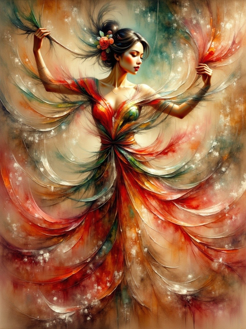 Ethereal figure in vibrant, flowing dress artwork