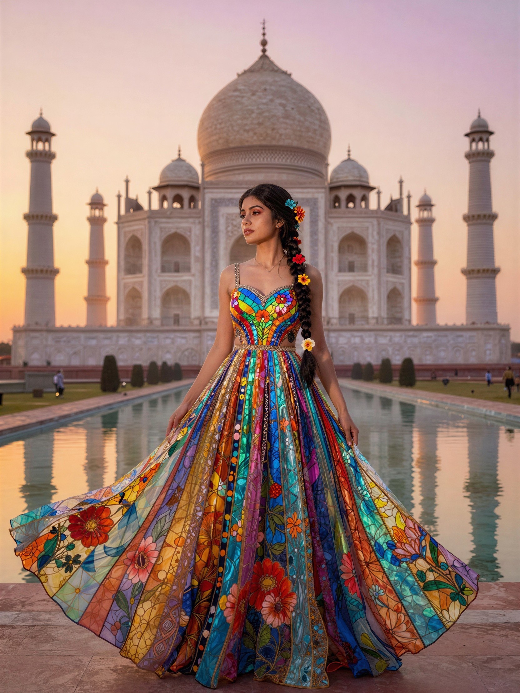 Digital painting of Indian woman by Taj Mahal at sunset