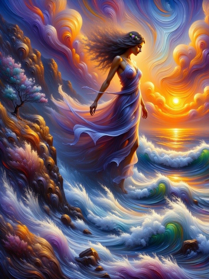 Majestic figure by churning waves at sunset