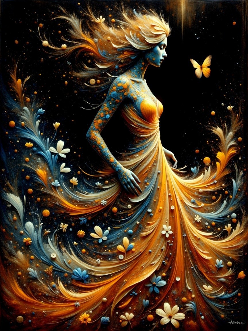 Fantastical figure with blue skin and floral patterns