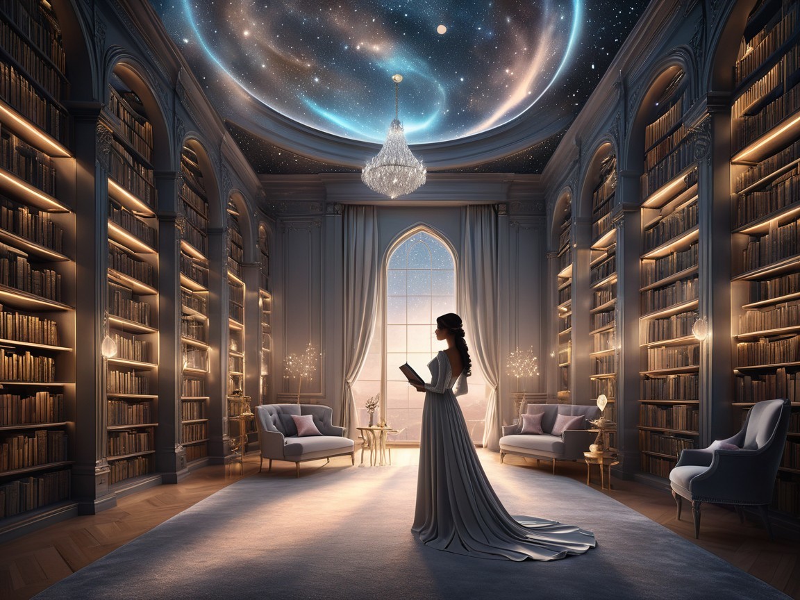 Elegant library with celestial ceiling and warm light