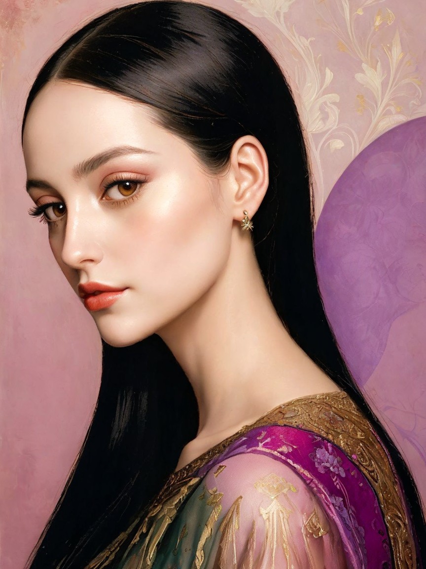 Profile of a Woman with Elegant Outfit and Floral Motifs