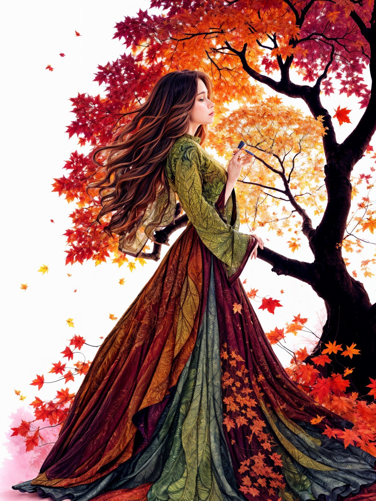 Mystical Woman in Autumn Leaves and Elegant Gown