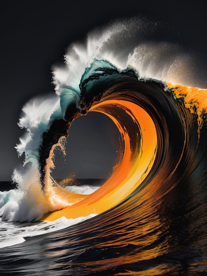 Dramatic Wave in Orange and Teal Against Dark Backdrop