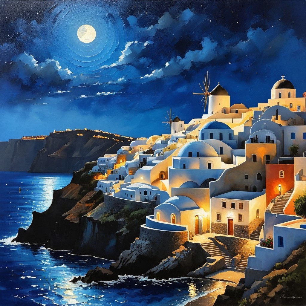Nighttime Coastal Village with Moonlit Architecture