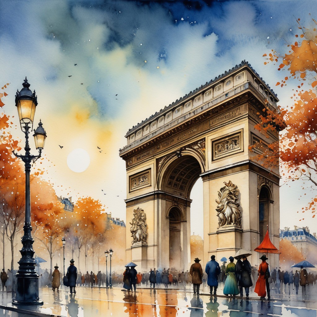 Watercolor Scene of Arc de Triomphe in Autumn