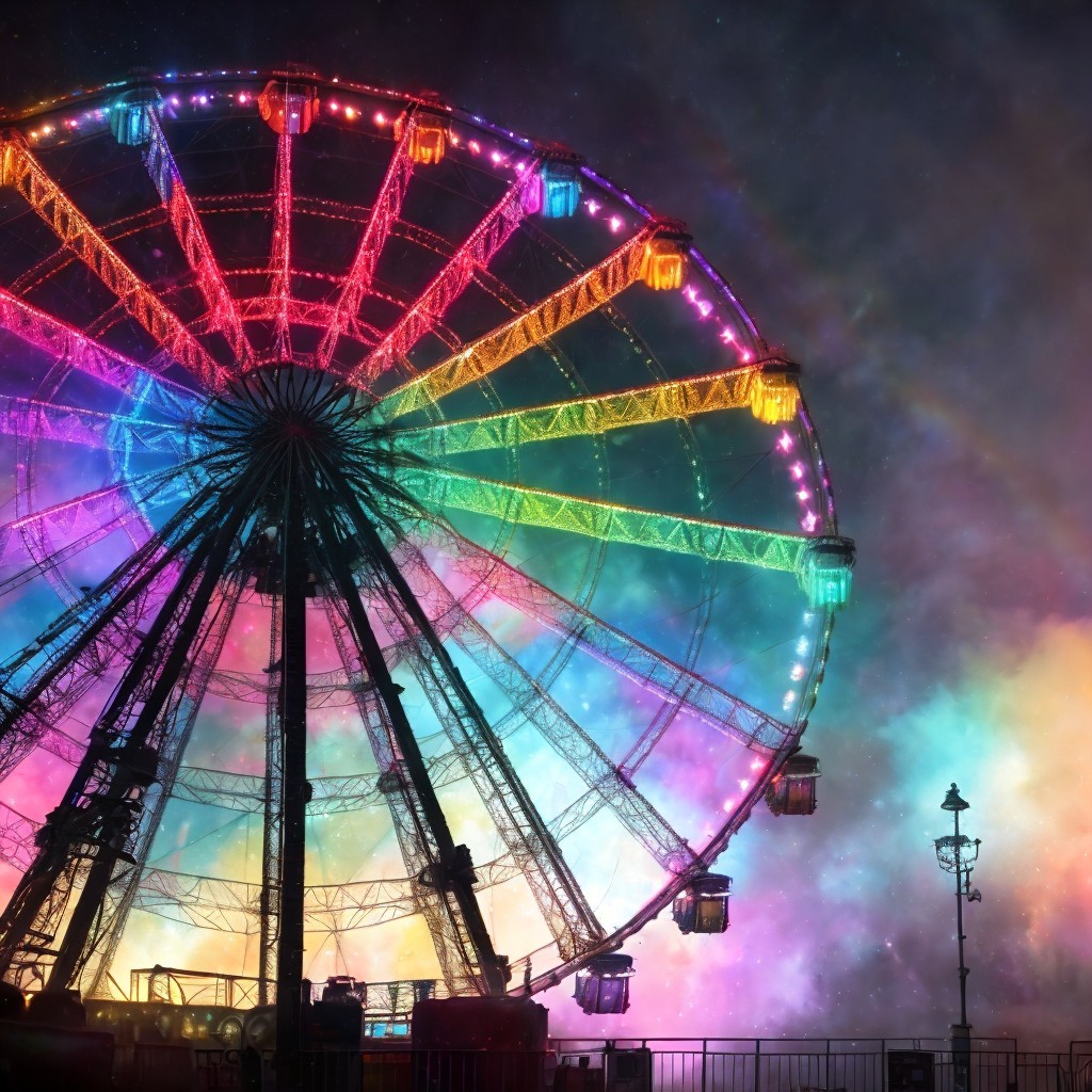 Ferris Wheel with Rainbow Lights in Cosmic Setting