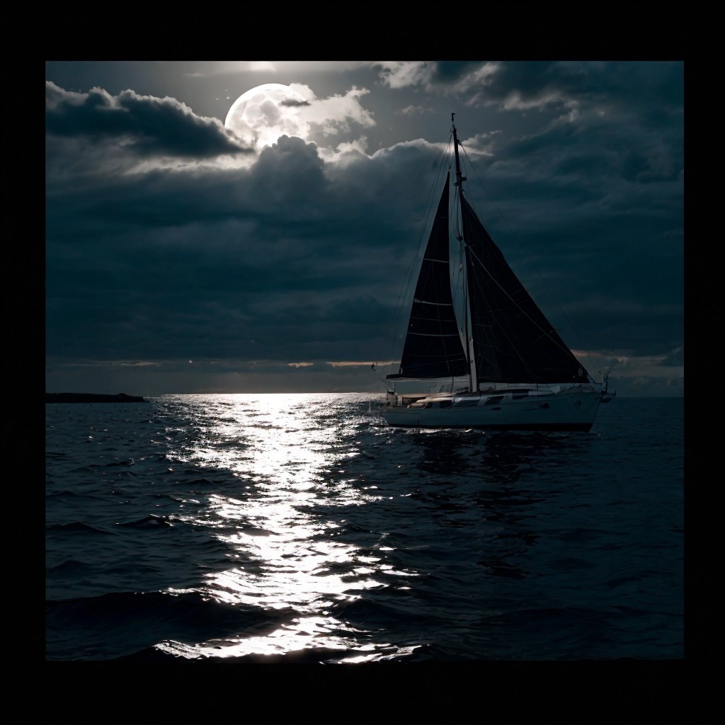 Sailboat on Ocean Under Dramatic Moonlit Sky