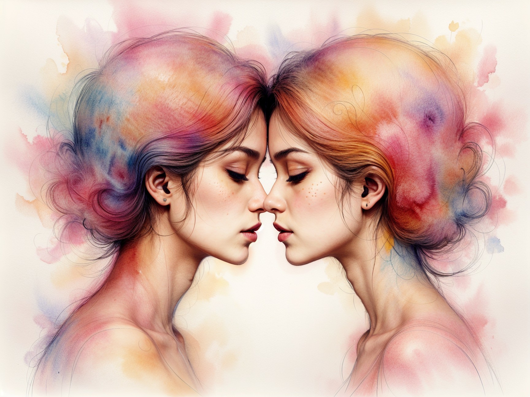 Side-Profile Portraits of a Young Woman in Watercolor