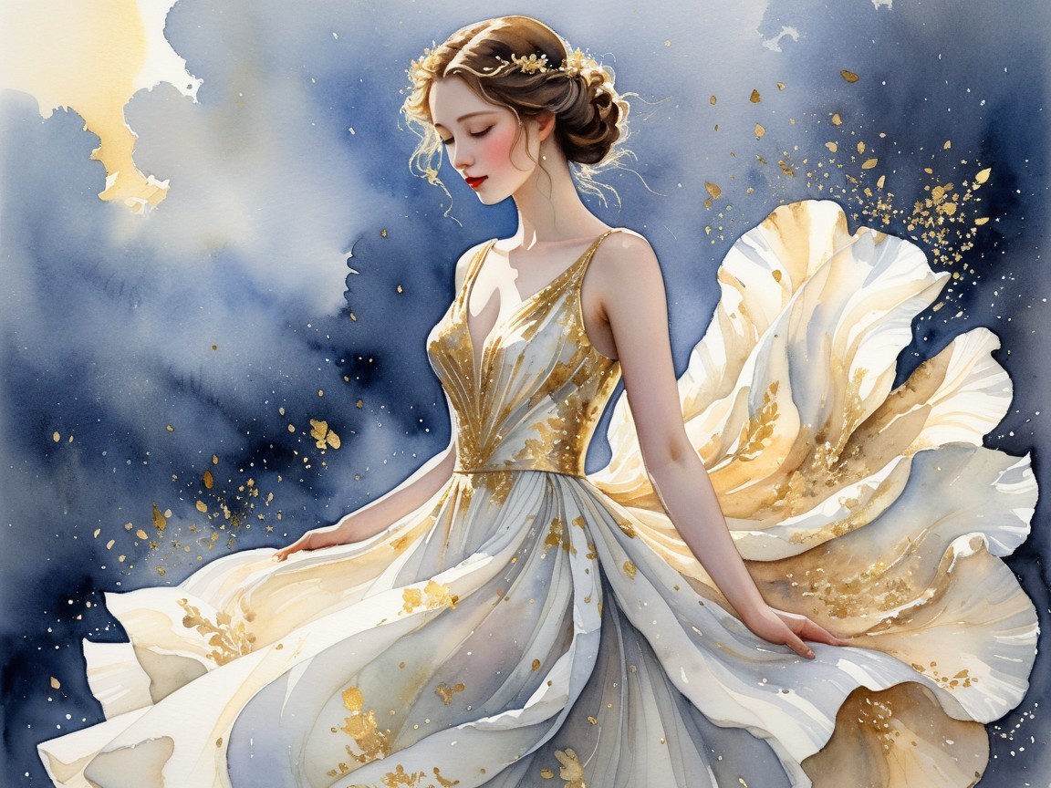 Elegant figure in flowing gown with gold accents