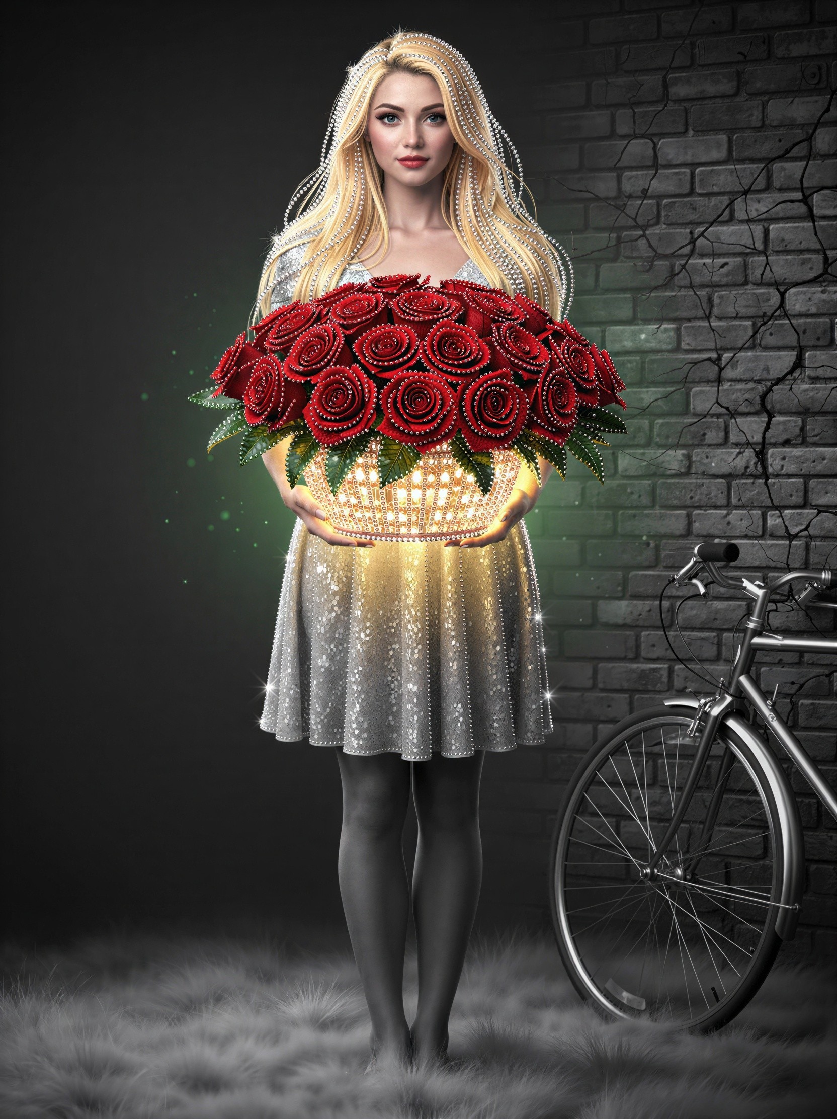 Blond Woman with Roses in Mini Dress on White Grass