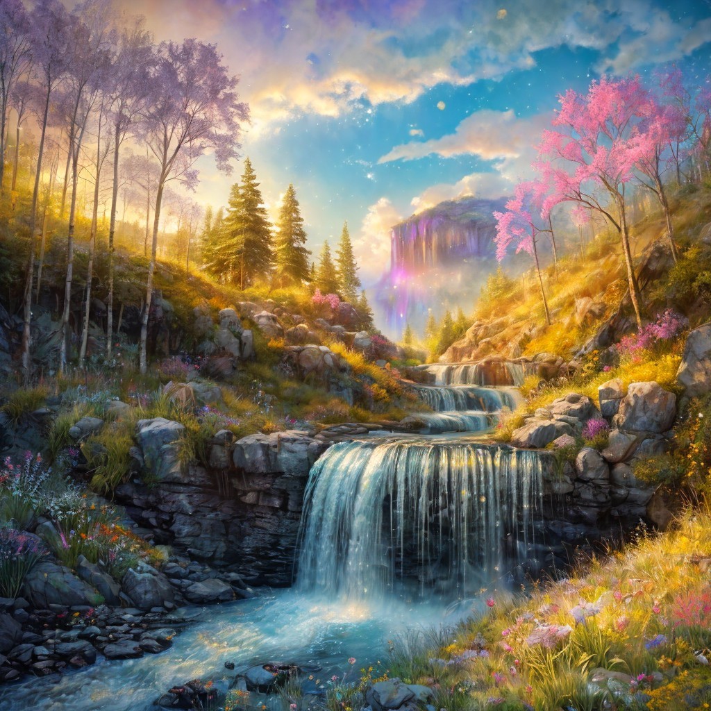 Cascading Waterfall in Lush Green Landscape