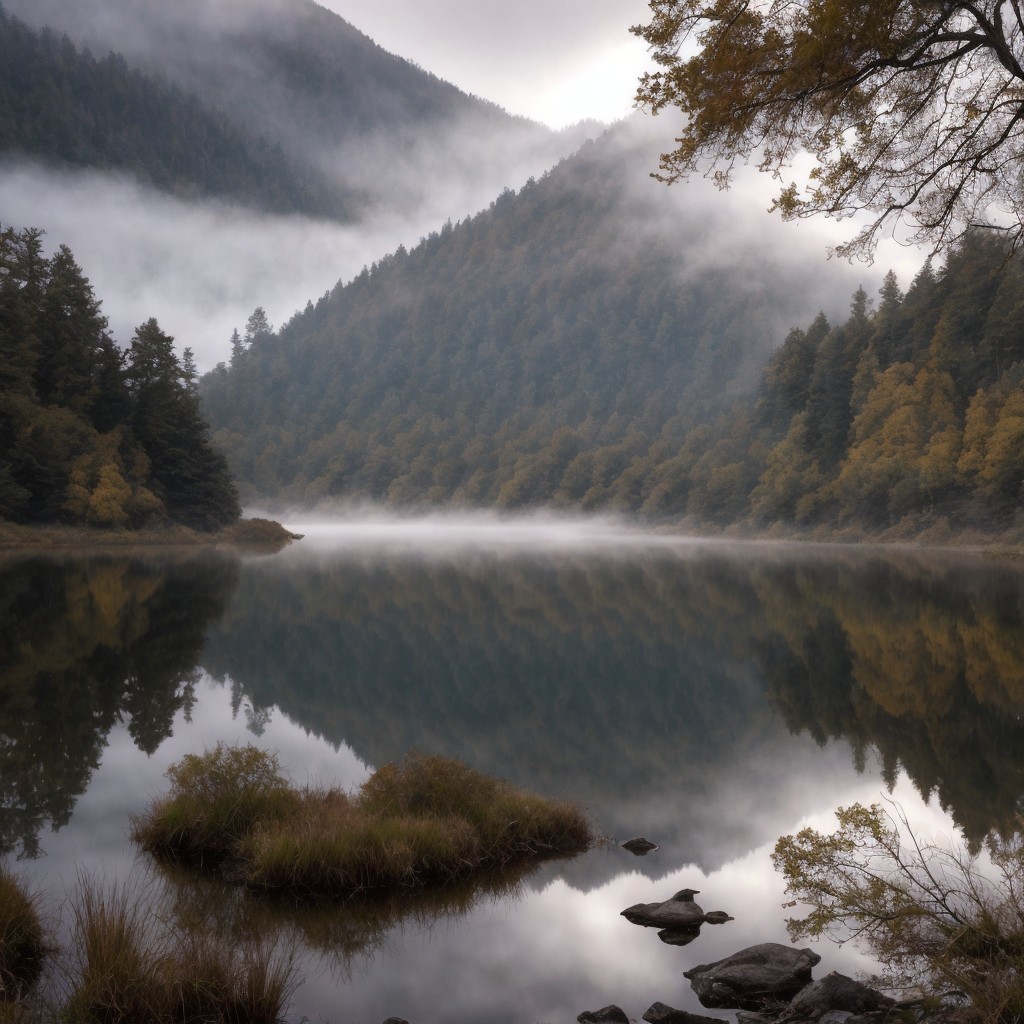 Serene lake surrounded by misty mountains and trees