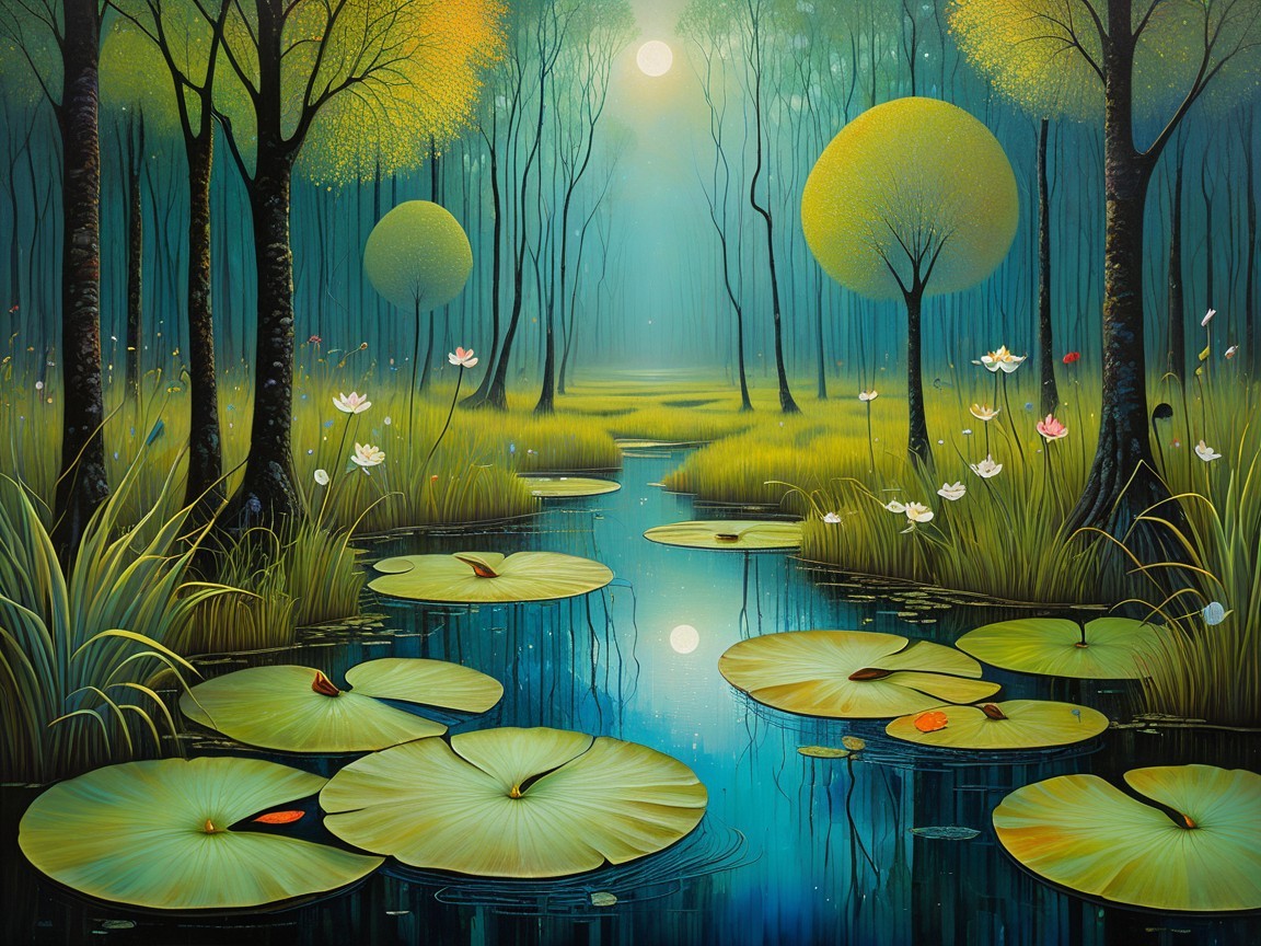 Tranquil Pond Surrounded by Lush Greenery and Flowers