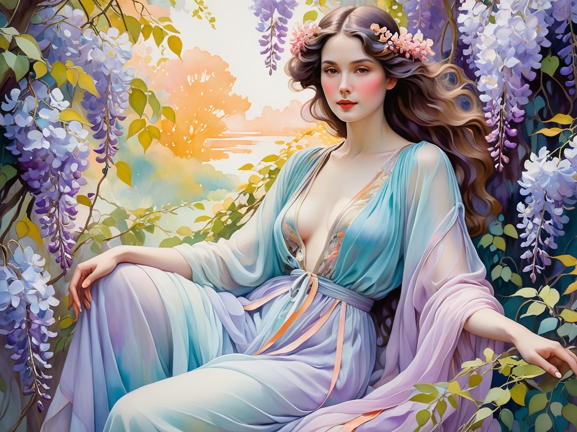 Young Woman Surrounded by Wisteria Blossoms in Sunlight