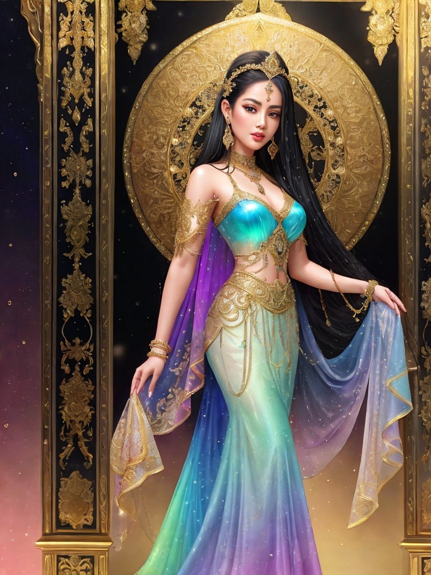 Woman in Turquoise and Purple Gown with Gold Accents
