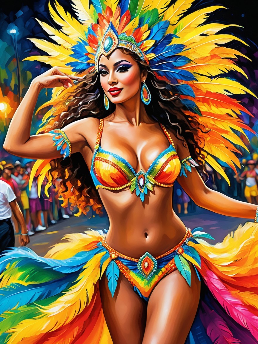 Colorful Carnival Scene with Feathered Costume and Dance