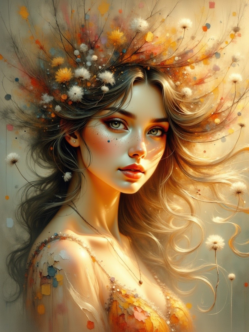 Captivating woman with floral hair and golden tones
