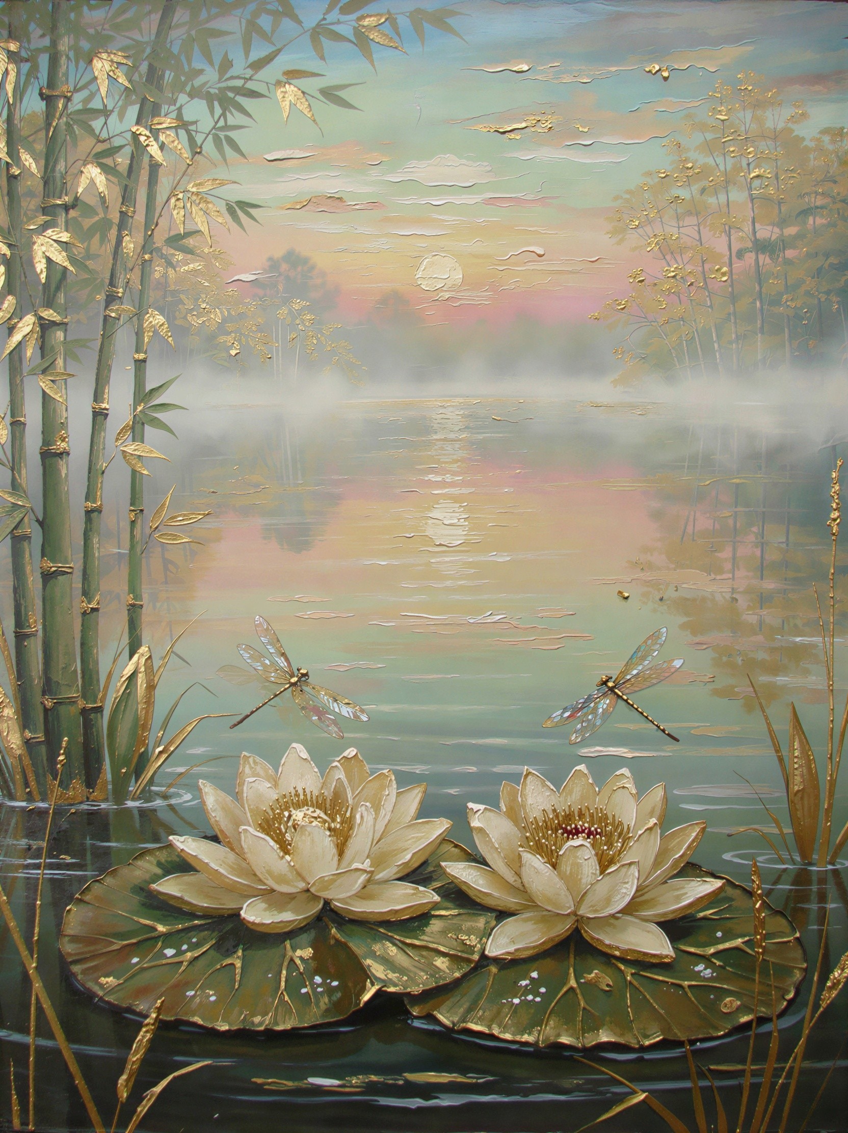 Oil Painting of a Dawn Water Scene with Lilies and Dragonflies