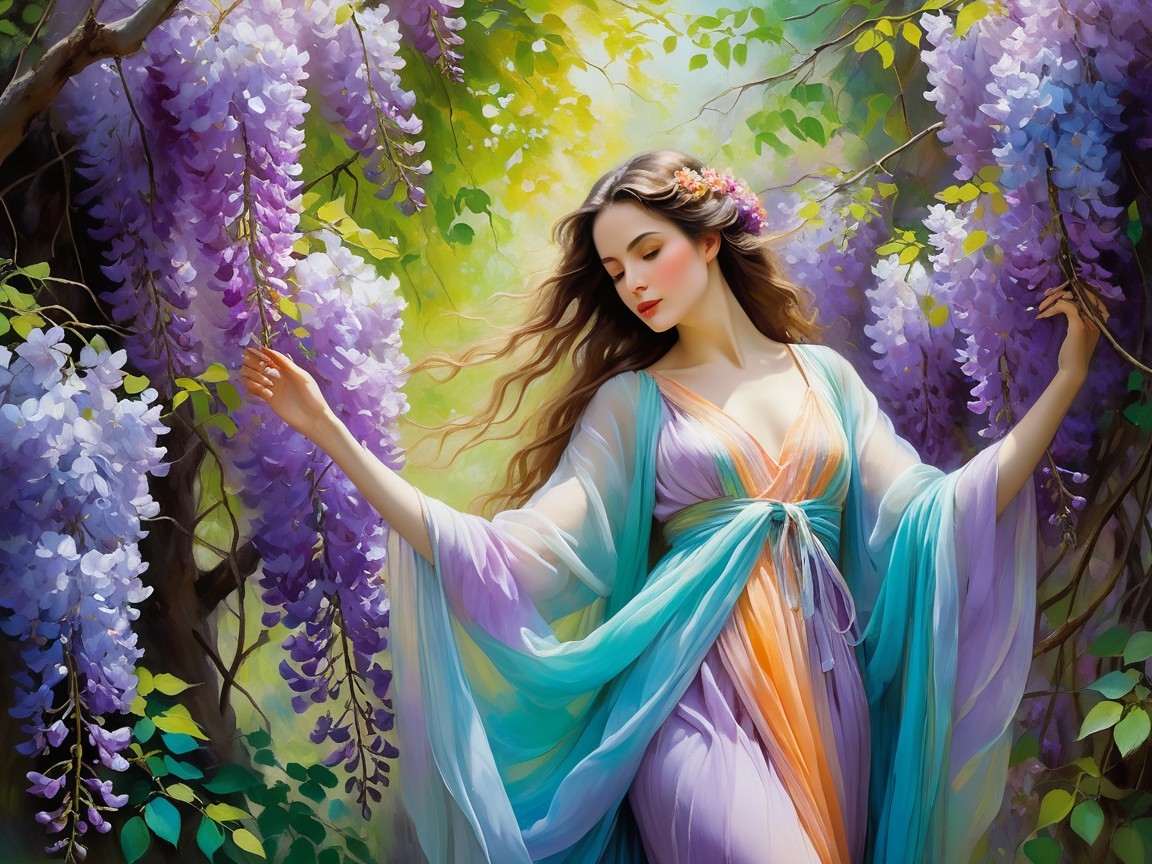 Serene Woman Surrounded by Wisteria Blossoms