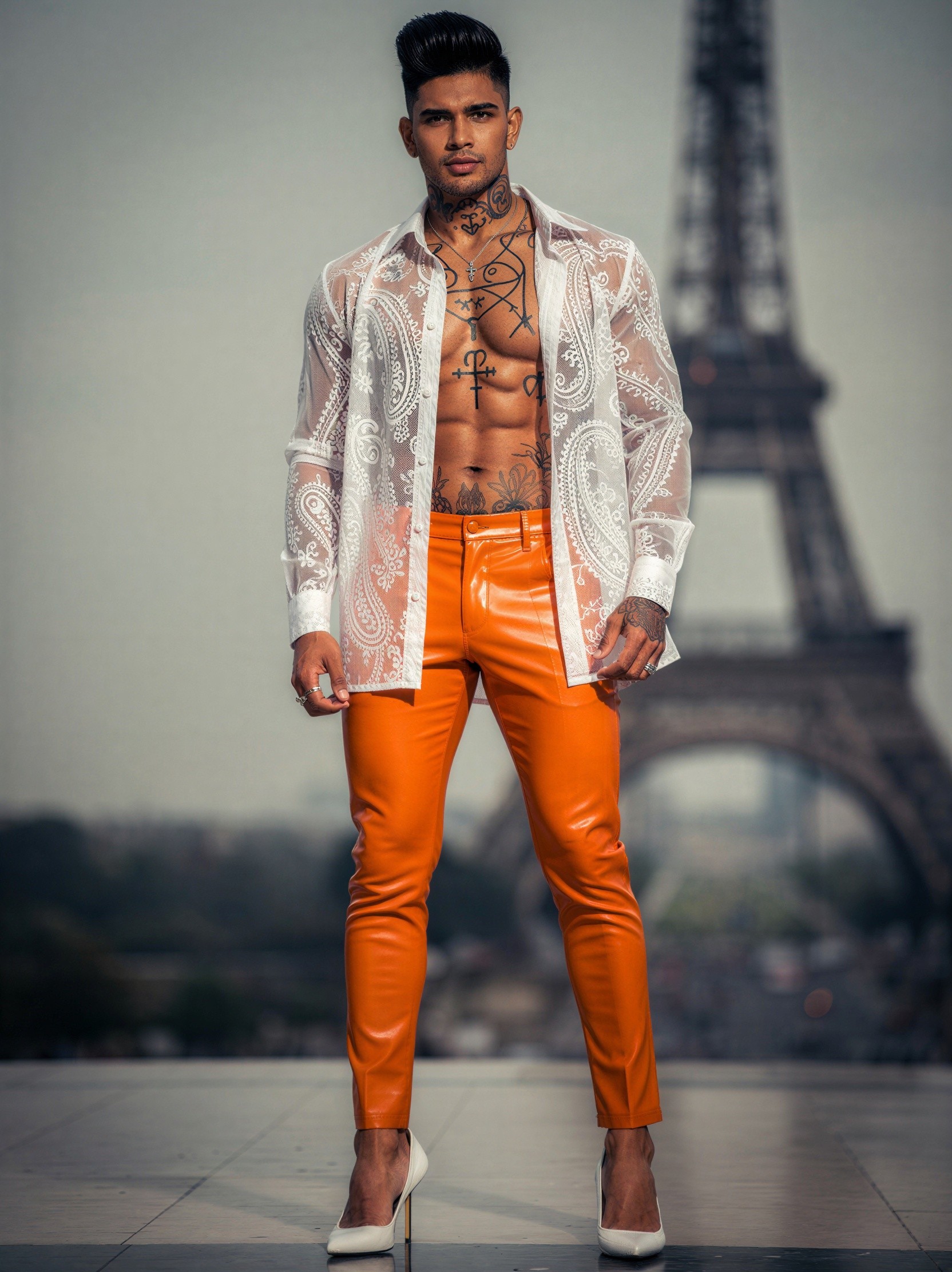 Muscular Male in Sheer Shirt with Tattooed Torso