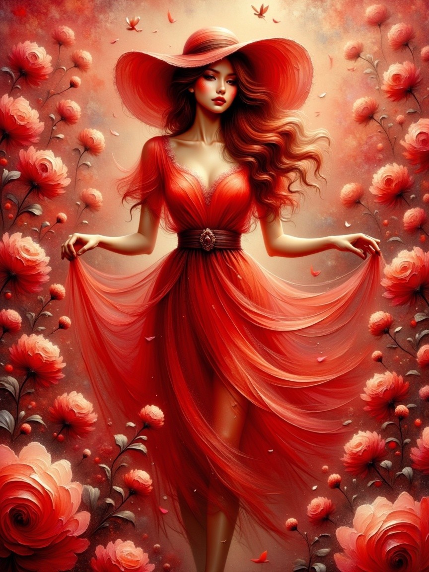Elegant Woman in Red Dress Surrounded by Roses