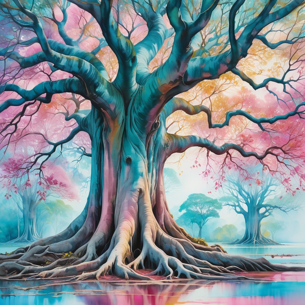 Majestic tree with colorful leaves in serene landscape