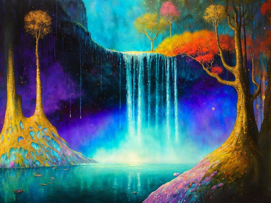 Otherworldly Waterfall in a Cosmic Landscape
