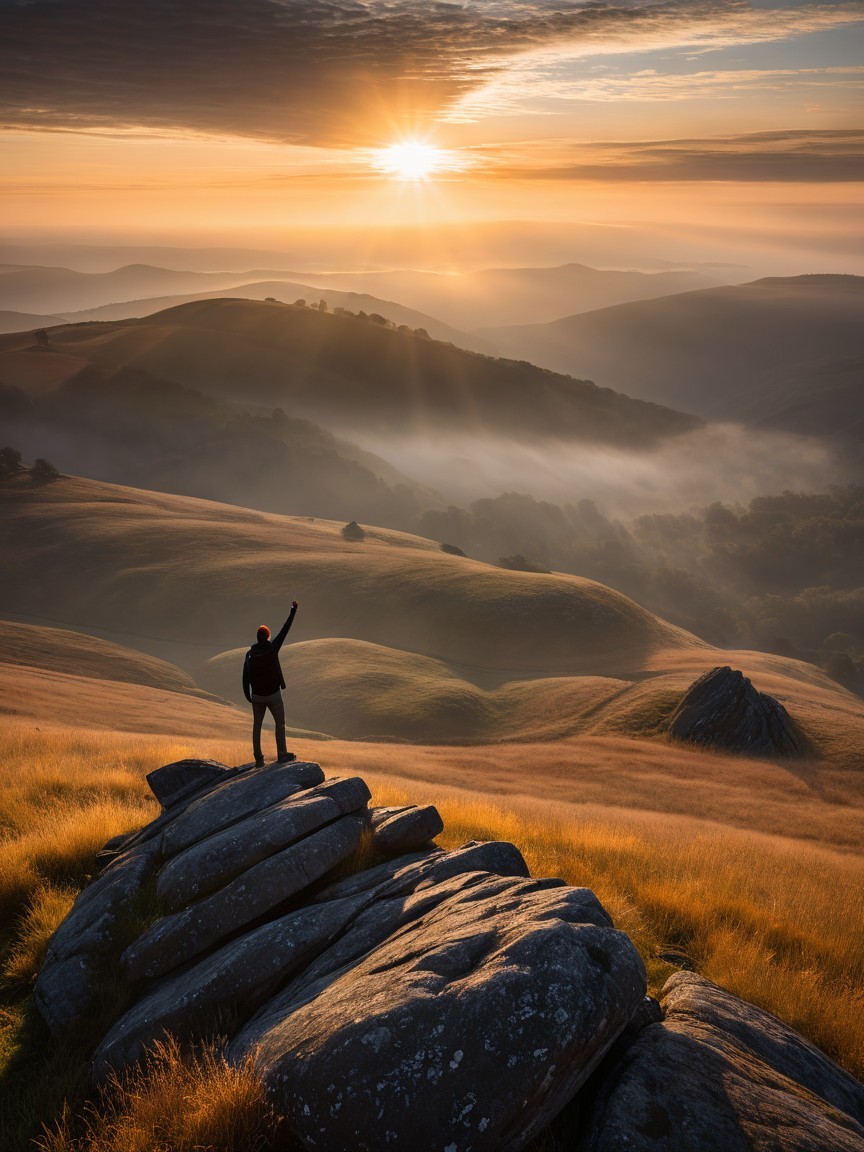 Lone Hiker on Rugged Rock Formation at Sunrise/Sunset